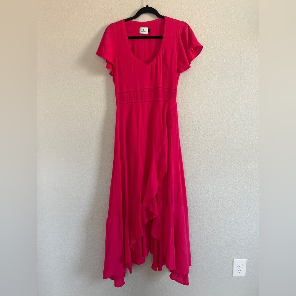 Tuckernuck Francesca Short Sleeve Maxi Ruffle Faux Wrap Dress In Hot Pink.Size S - Picture 4 of 12